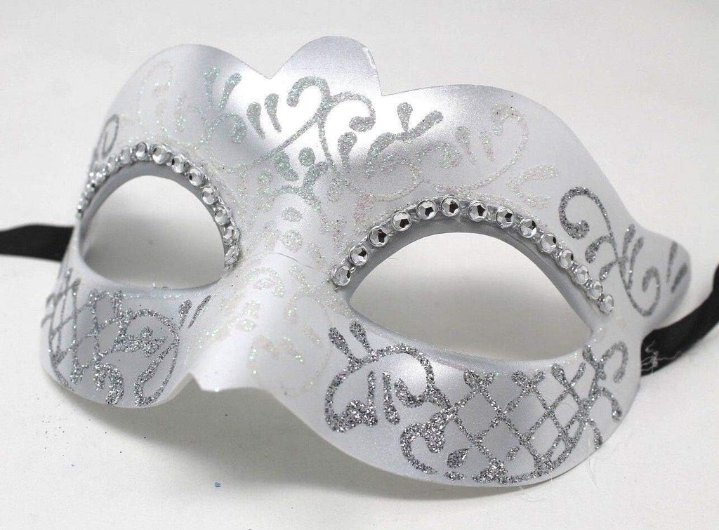LADIES WHITE & SILVER VENETIAN MASQUERADE PARTY WEDDING BALL EYE MASK DIAMONTES