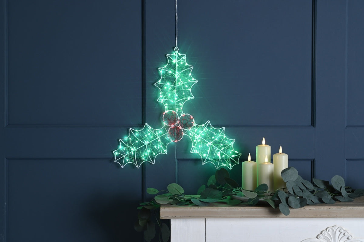 40cm Christmas Twinkling Dewdrop Holly & Berries 165 LED Light Up Decoration