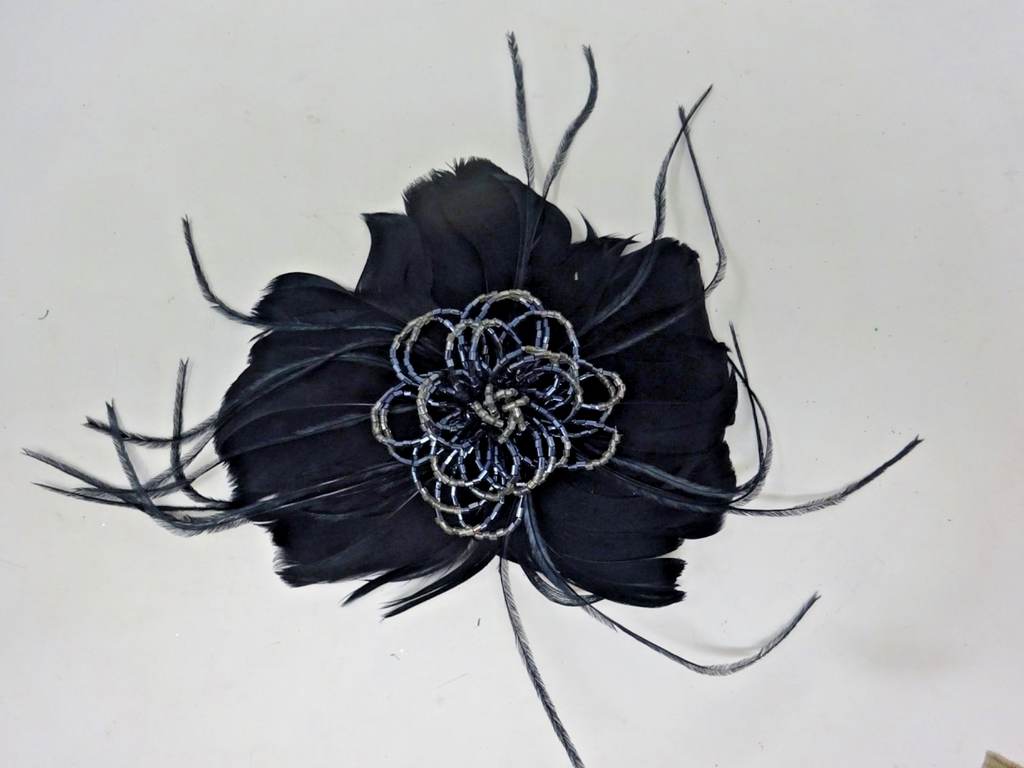Hair Fascinator Corsage & Brooch Black Feather Petals & Beaded Centre- Funeral