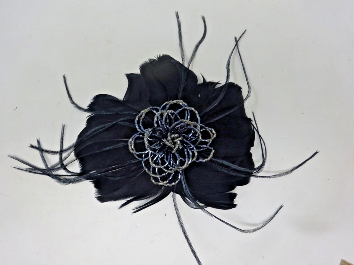 Hair Fascinator Corsage & Brooch Black Feather Petals & Beaded Centre- Funeral