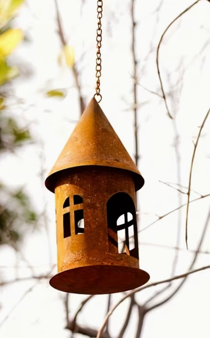 Hanging Metal Rusty Candle Tea Light Holder Garden Ornament 14cm Deep exc Chain