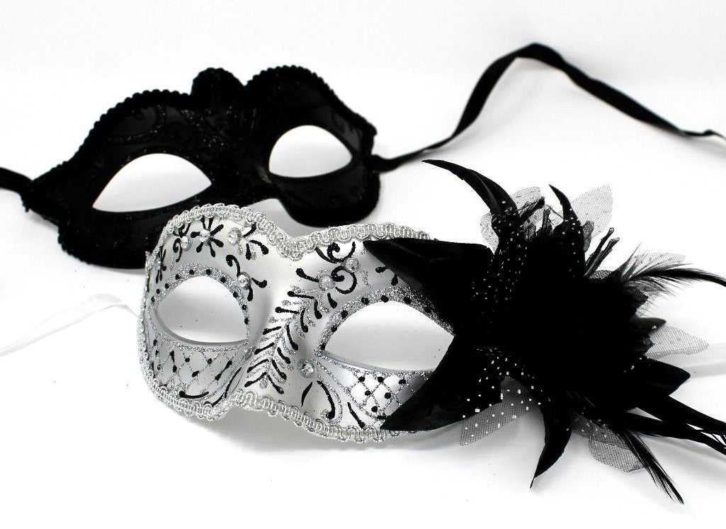 HIS N HERS PAIR COUPLES BLACK  AND SILVER VENETIAN MASQUERADE PARTY EYE MASKS