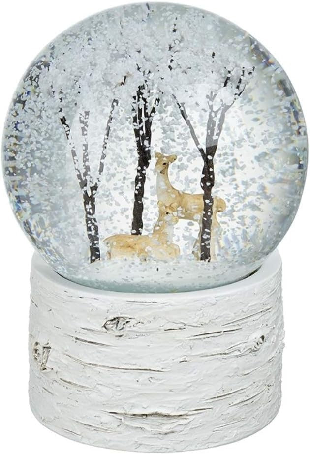 Musical Christmas Snowy Reindeer & Robins Snow Globe Bark Effect Base 14cm Tall