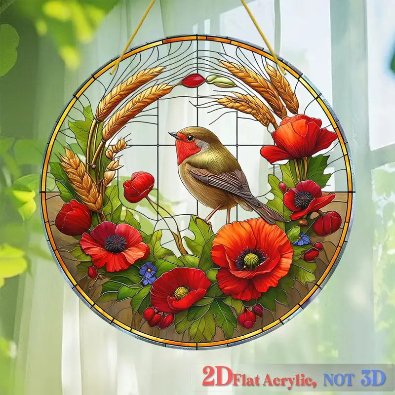 Acrylic Hanging Garden Suncatcher Robin & Flowers 20cm Diameter on Yellow Cord