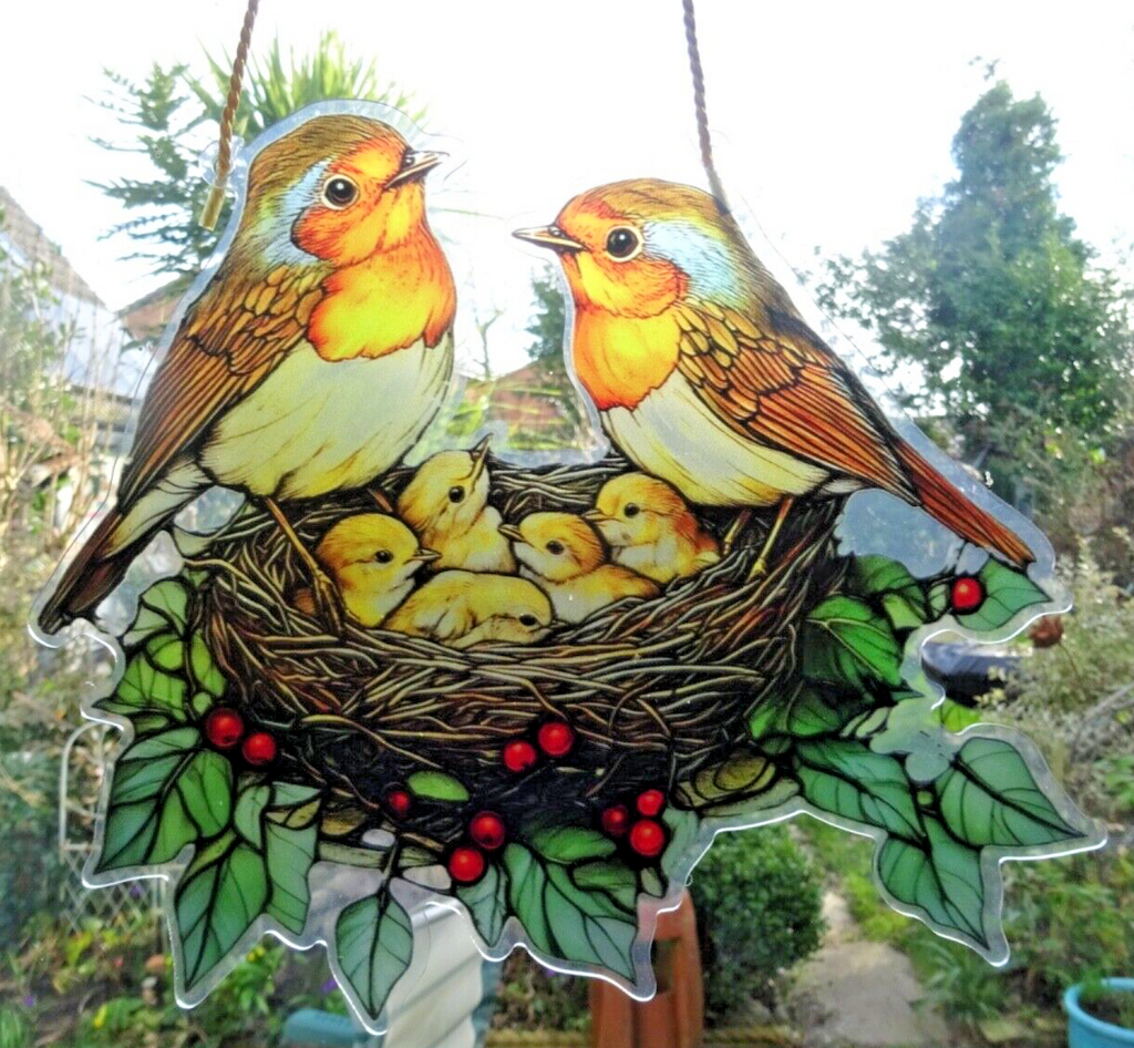 Acrylic Hanging Garden Suncatcher Robin Family Nest 23cm Wide on a Yellow Cord