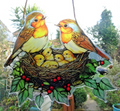 Acrylic Hanging Garden Suncatcher Robin Family Nest 23cm Wide on a Yellow Cord