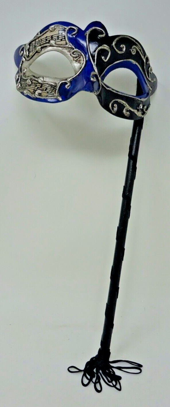 BLUE & SILVER MUSICAL VENETIAN MASQUERADE PARTY CARNIVAL BALL ON HAND HELD STICK