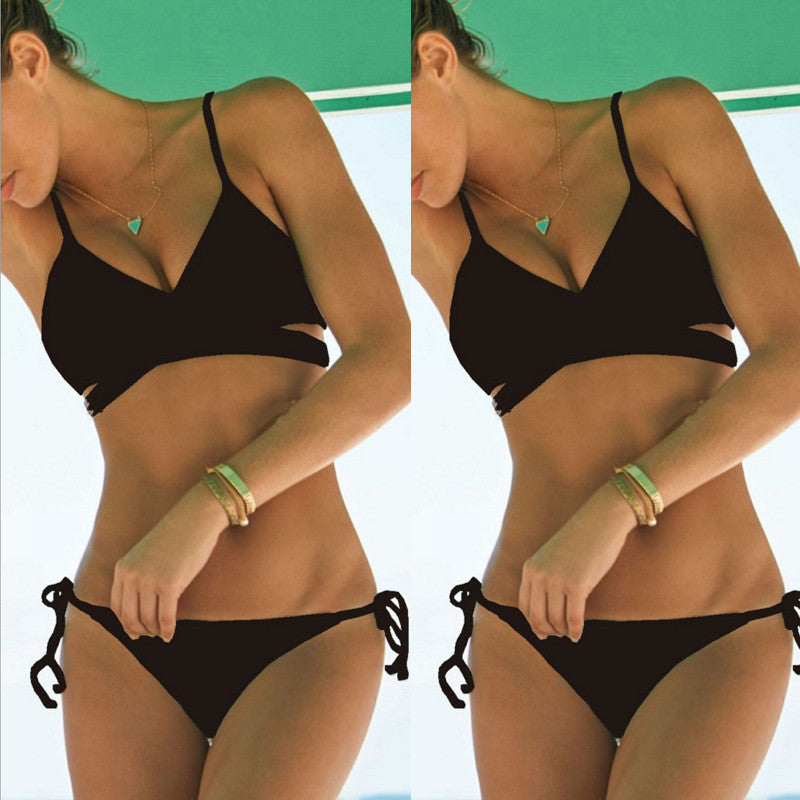 Ladies Stylish Bandage Crossover 2 Piece Bikini Swimsuit Black Size 10-12