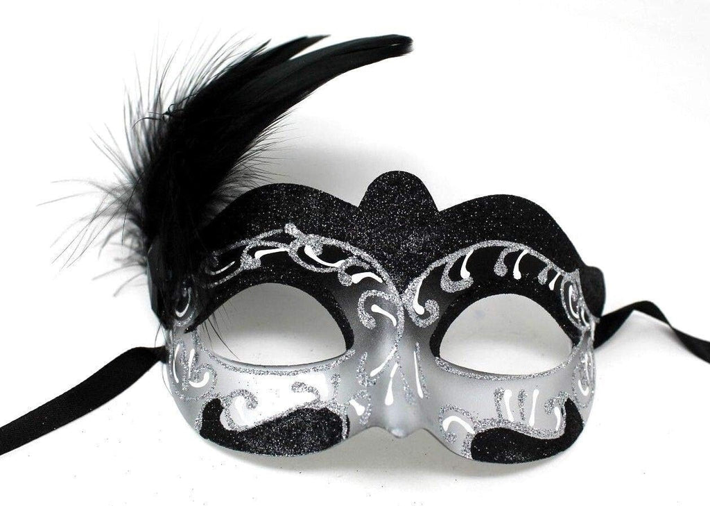 SPARKLING SILVER & BLACK VENETIAN CARNIVAL MASQUERADE PARTY BALL FEATHER MASK