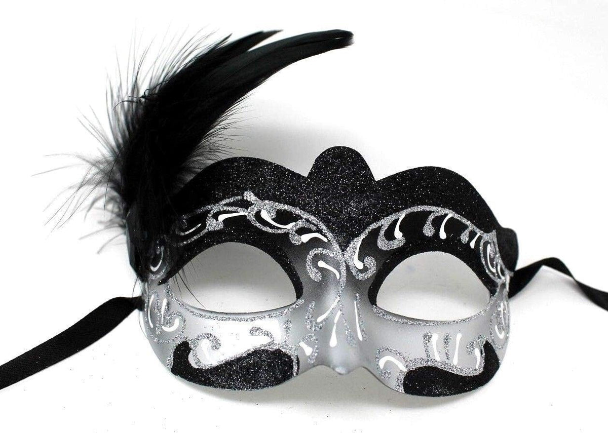 SPARKLING SILVER & BLACK VENETIAN CARNIVAL MASQUERADE PARTY BALL FEATHER MASK
