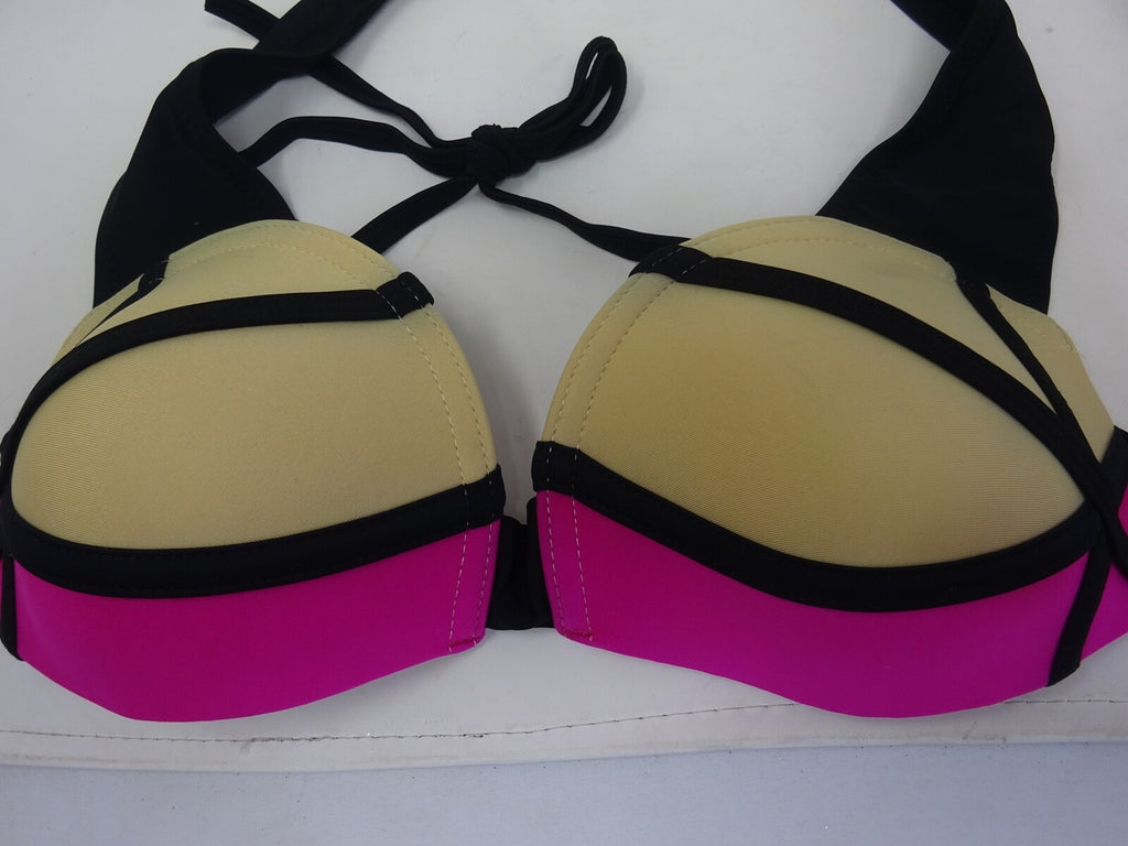 Lovely Stylish Padded Top Hot Pink Black & Sand Bikini Swimsuit Set Size 8-10