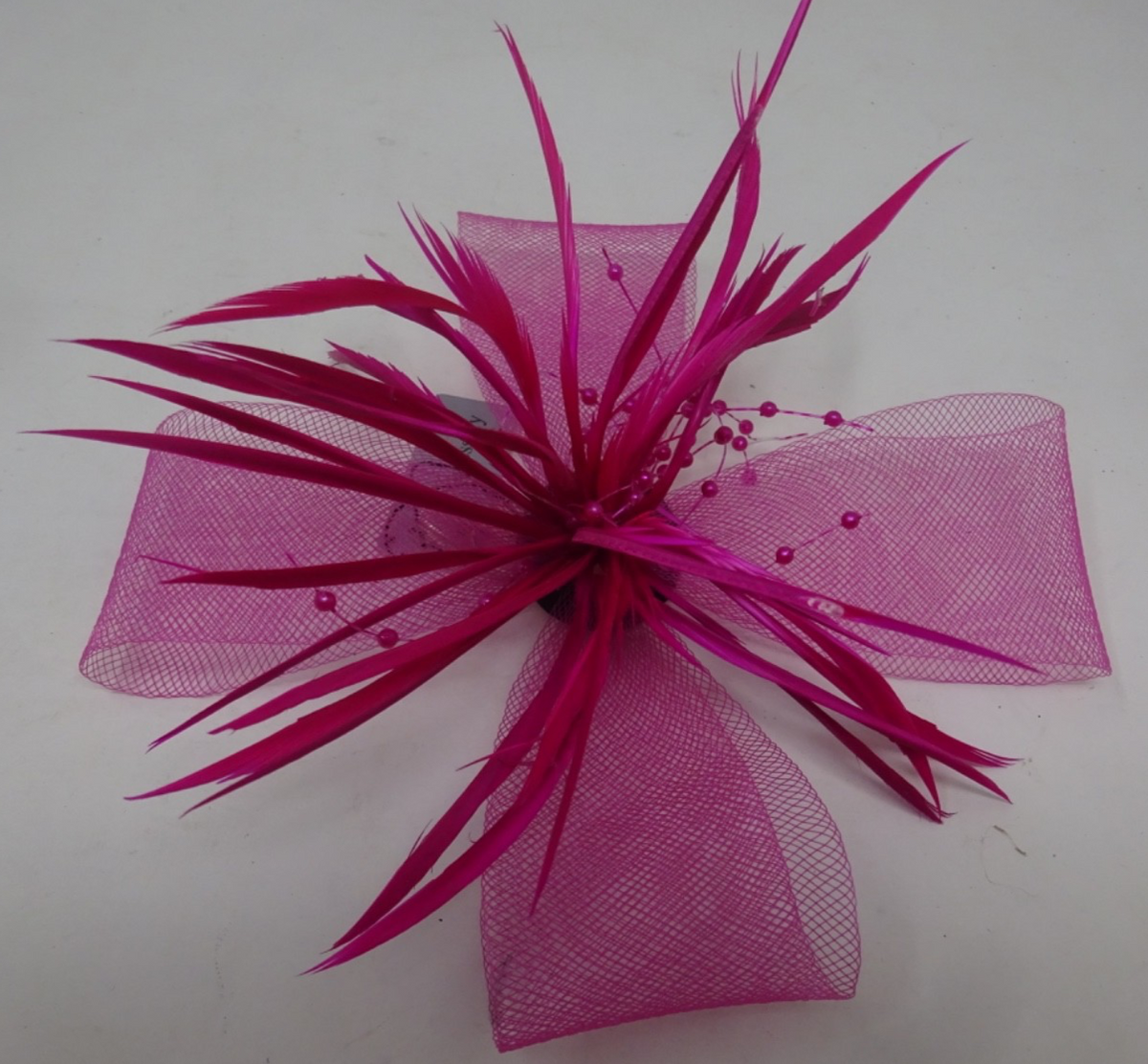 Hot Pink Corsage Brooch Fascinator Stiffened Net Fine Feathers & Beaded Stamens