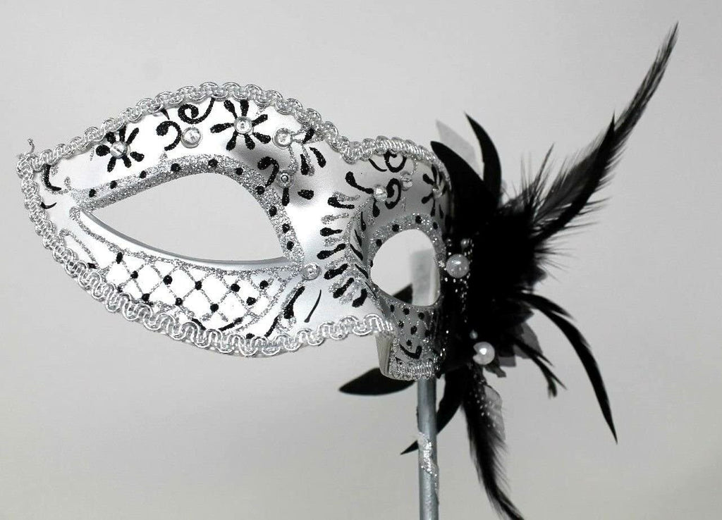 BLACK & SILVER WITH FLOWER & STICK VENETIAN CARNIVAL BALL MASQUERADE PARTY MASK