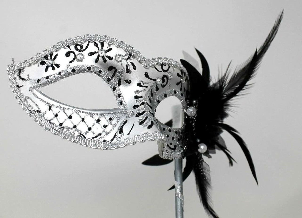 BLACK & SILVER WITH FLOWER & STICK VENETIAN CARNIVAL BALL MASQUERADE PARTY MASK