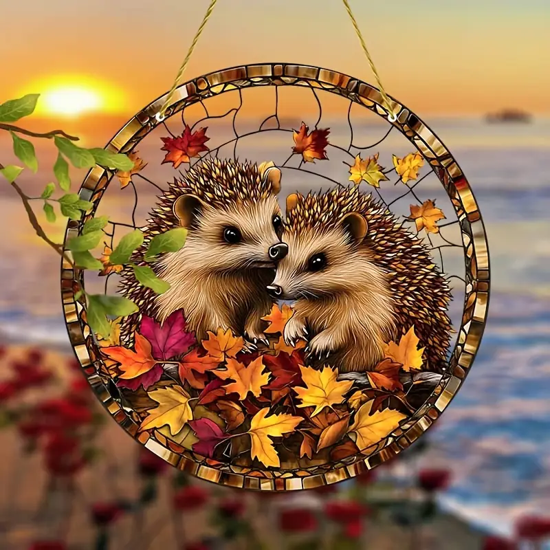 Acrylic Hanging Garden Suncatcher Baby Hedgehogs 20cm Tall on a Yellow Cord