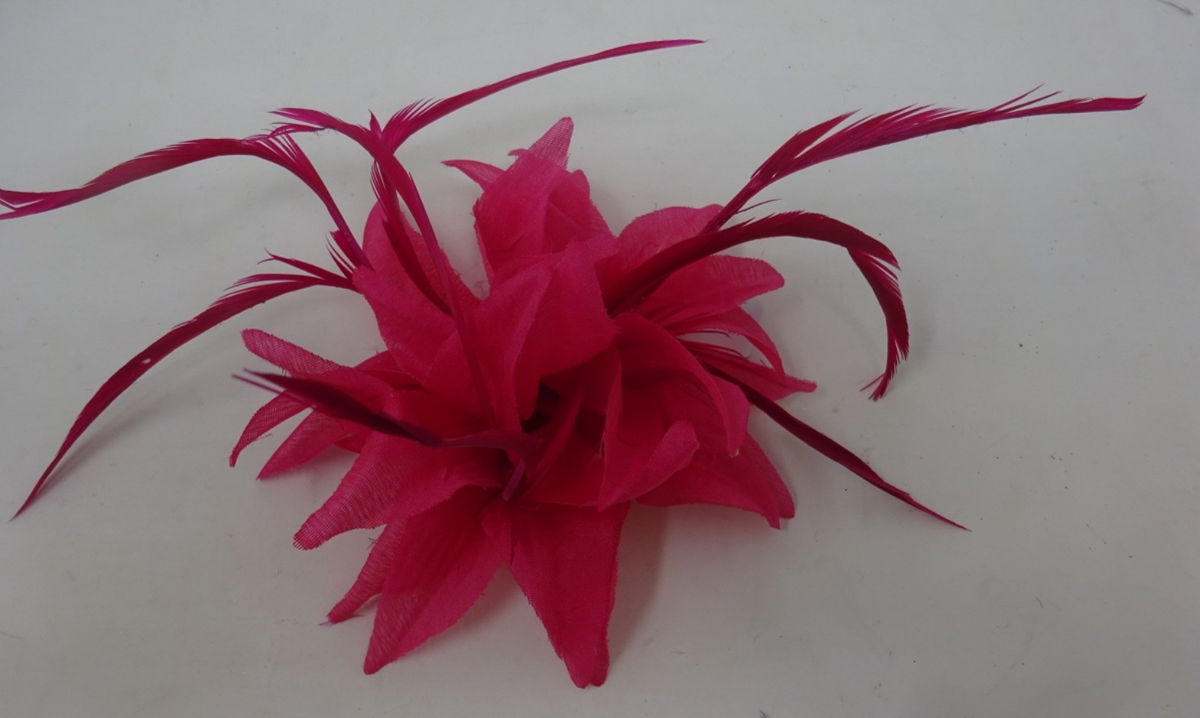 Hot Pink Corsage Brooch Fascinator Fabric Petals with Long Slim Fine Feathers