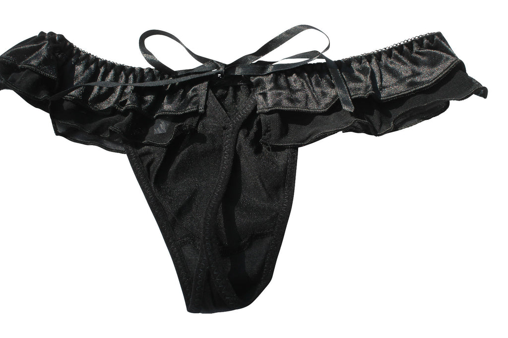 Black Satin & Sheer Fabric Ladies Lingerie Panties Briefs String Thong Knickers