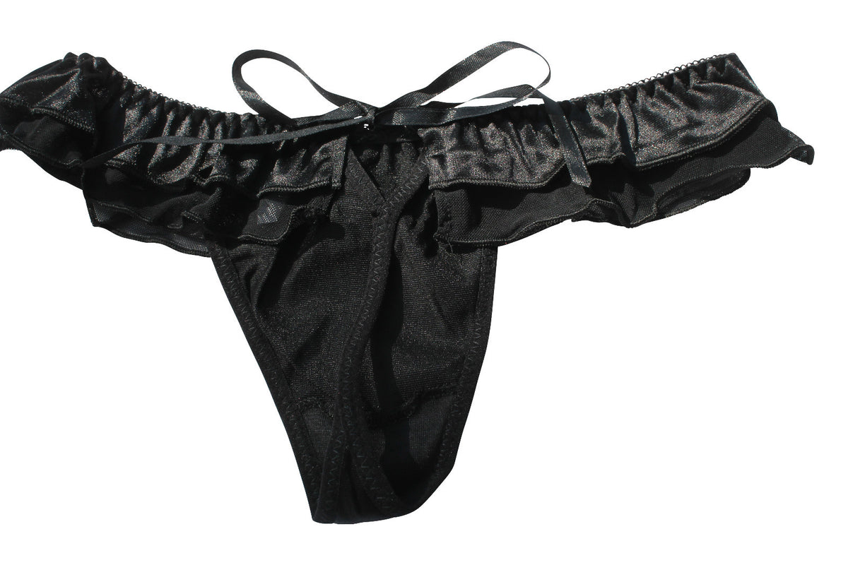 Black Satin & Sheer Fabric Ladies Lingerie Panties Briefs String Thong Knickers