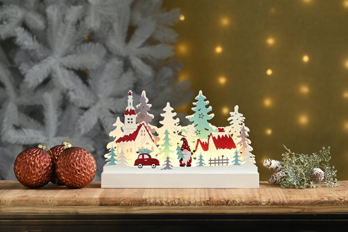 Christmas Festive LED Light Up Wooden Santa Gonk Snow Forest Scene 30cm Long