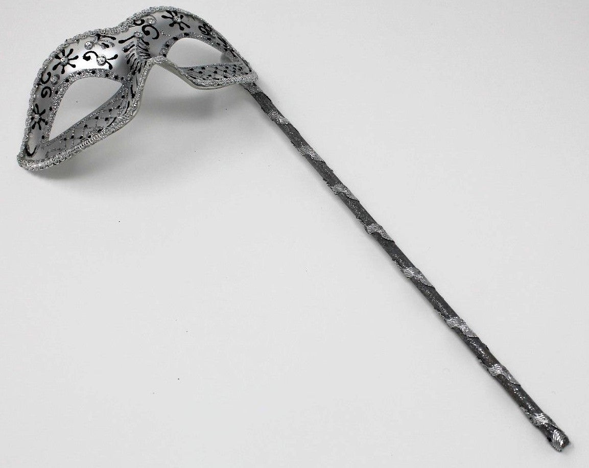 Black & Silver Venetian Masquerade Party Prom Carnival Eye Mask Hand Held Stick