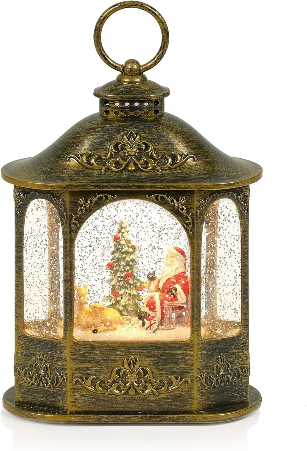 Father Christmas Santa & Tree Scene LED Glitter Water Spinner Lantern 21cm Tall