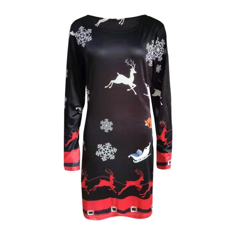 Ladies Christmas Round Neck Long Sleeve Dress Size 14 Reindeer Snowflakes Bells