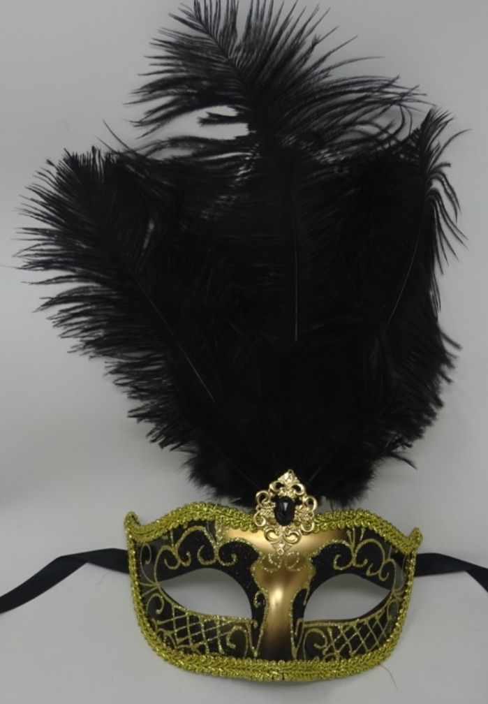 Black & Gold Long Feather Venetian Masquerade Carnival Party Ball Prom Eye Mask