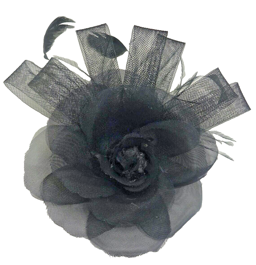 Hair Fascinator Corsage and Brooch Black Feathers with Decorative Hessian Flower