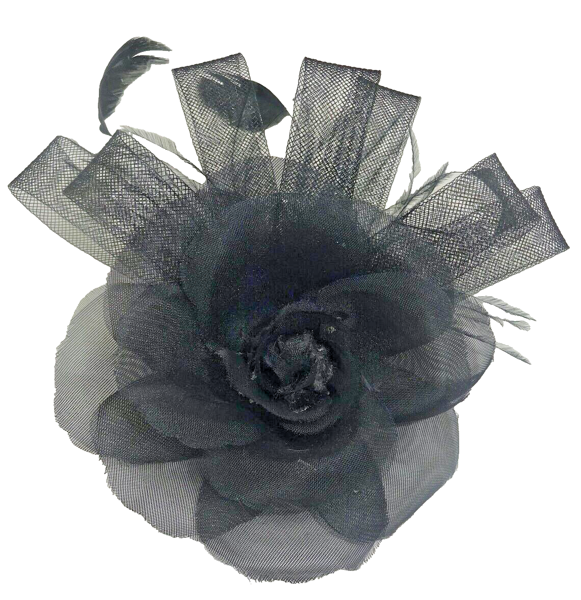 Hair Fascinator Corsage and Brooch Black Feathers with Decorative Hessian Flower
