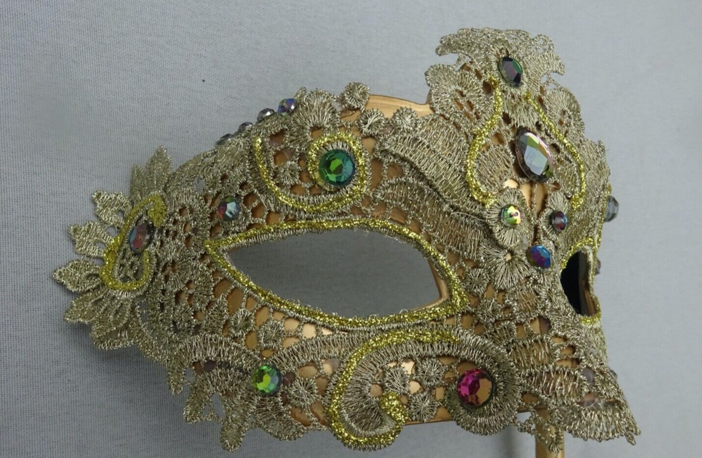 HAND HELD GOLD JEWELLED LACE BROCADE MASK VENETIAN MASQUERADE EYE BALL ON STICK