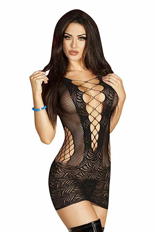 Womens Sexy Lingerie Black Crochet Mesh Lace Fishnet Short Dress Free Size 8-14