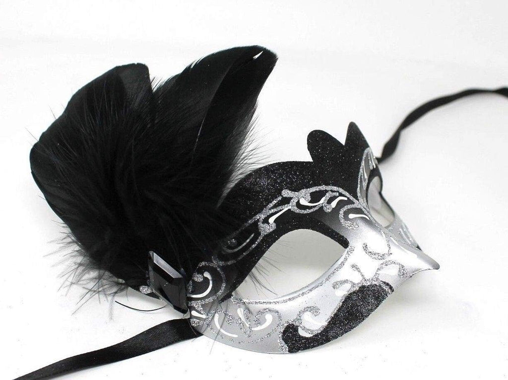 SPARKLING SILVER & BLACK VENETIAN CARNIVAL MASQUERADE PARTY BALL FEATHER MASK