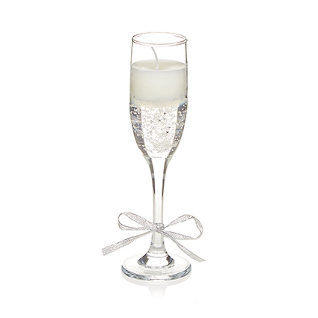 Christmas Champagne Glass Gel Candle Silver Stars & Bow 22cm Tall x 6cm Dia