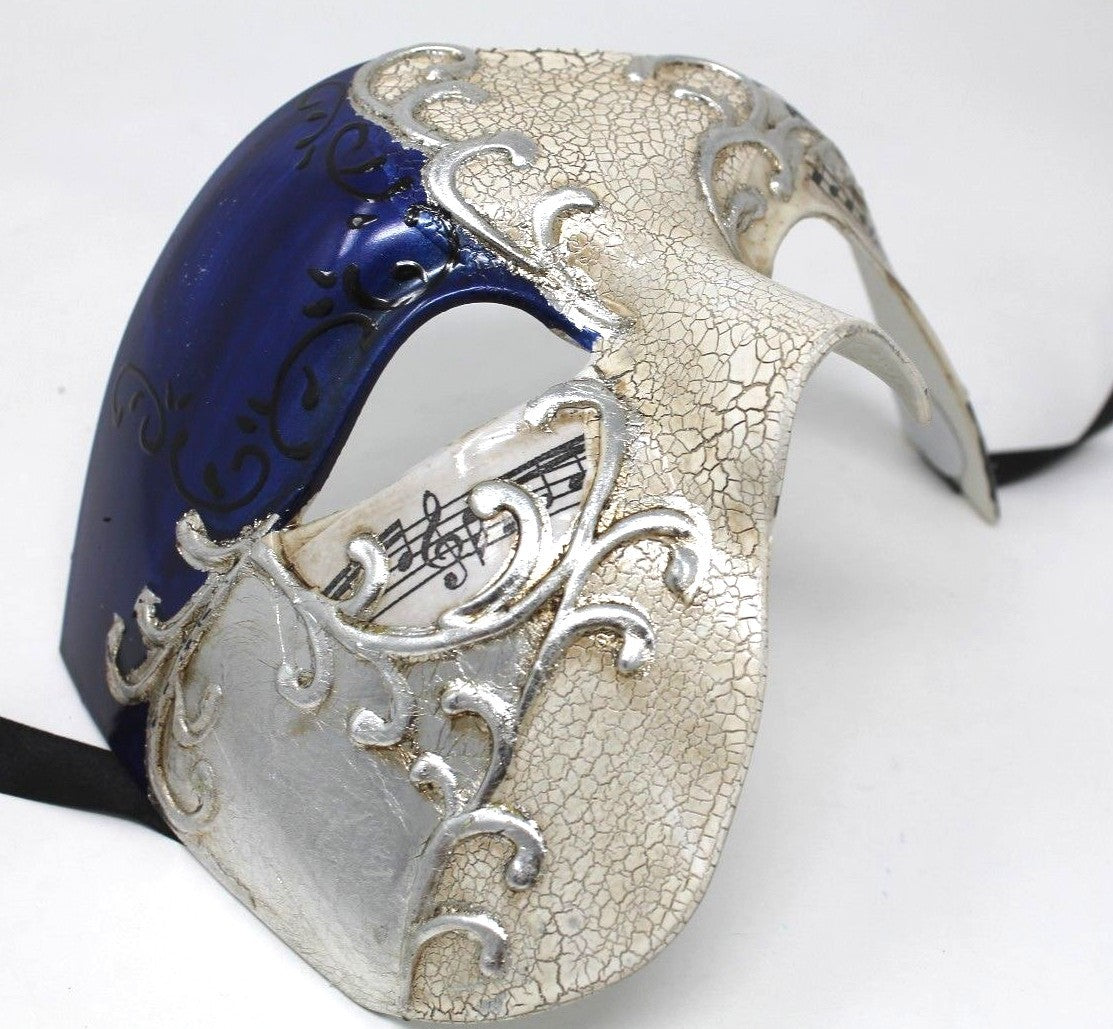 QUALITY BLUE & SILVER HALF FACE PHANTOM MUSICAL NOTES MASQUERADE MASK