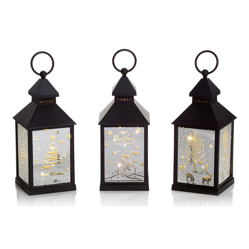 Christmas Design Winter LED Mirror Finish Hurricane Lantern Black Frame 27cm