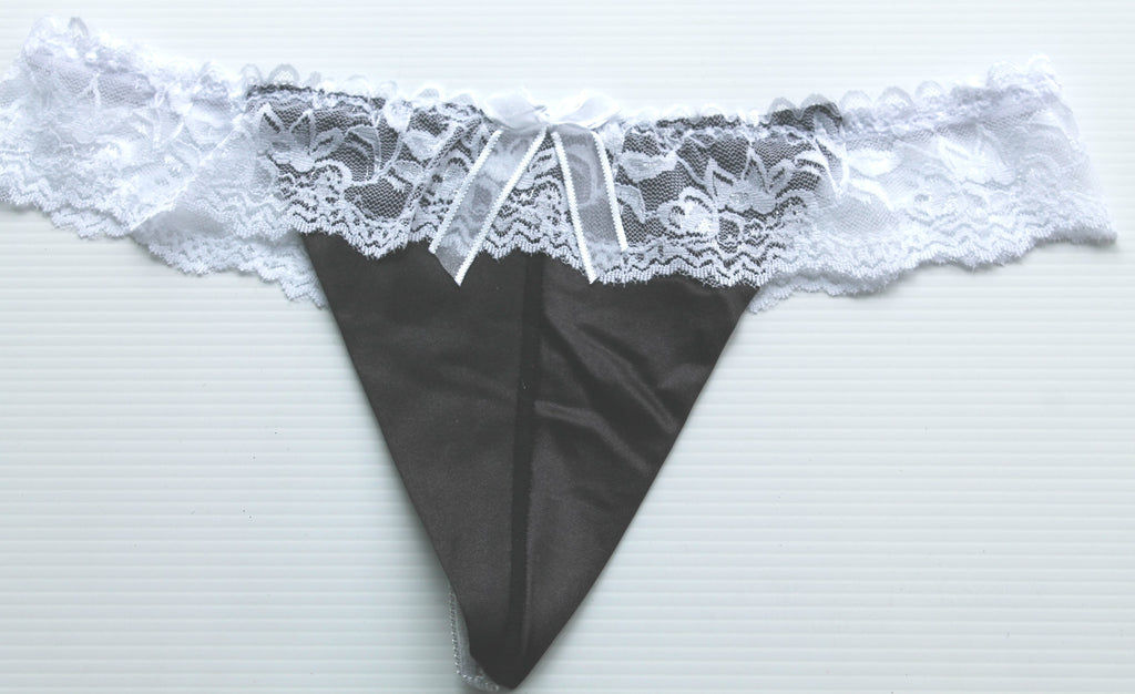 White Lace & Black Satin Soft Beautiful Sexy Ladies Panties Thong One Size 8-12