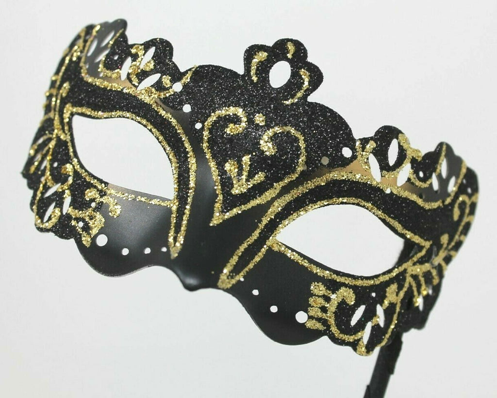 Black & Gold Venetian Masquerade Party Prom Carnival Eye Mask Hand Held Stick