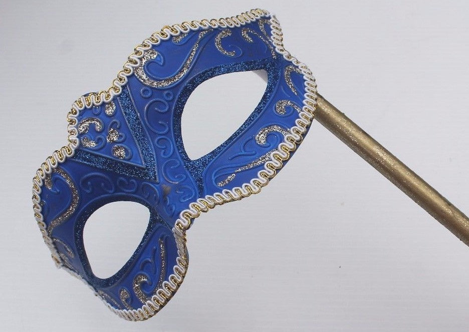 GLITTERING BLUE & GOLD VENETIAN MASQUERADE PARTY  MASK ON A  HAND STICK
