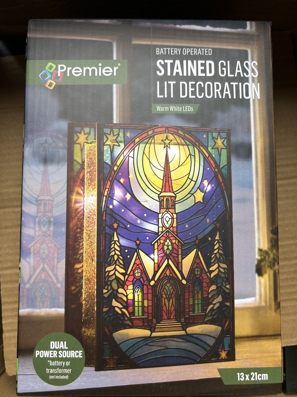 Stained Glass Warm White LED Lights Church Christmas Decoration 21cm Double Side
