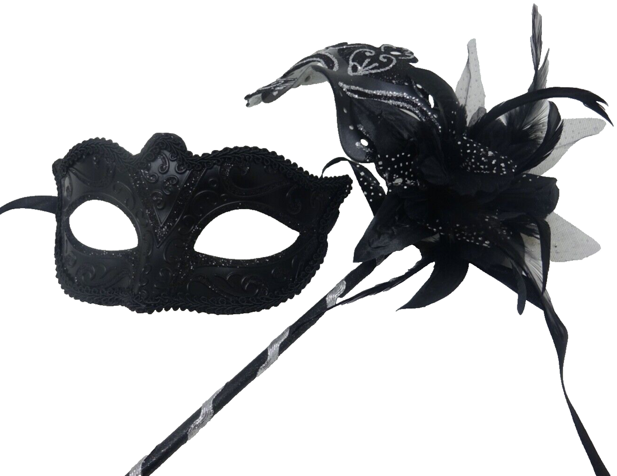 COUPLES SILVER & BLACK VENETIAN MASQUERADE PARTY CARNIVAL EYE BALL MASK ON STICK