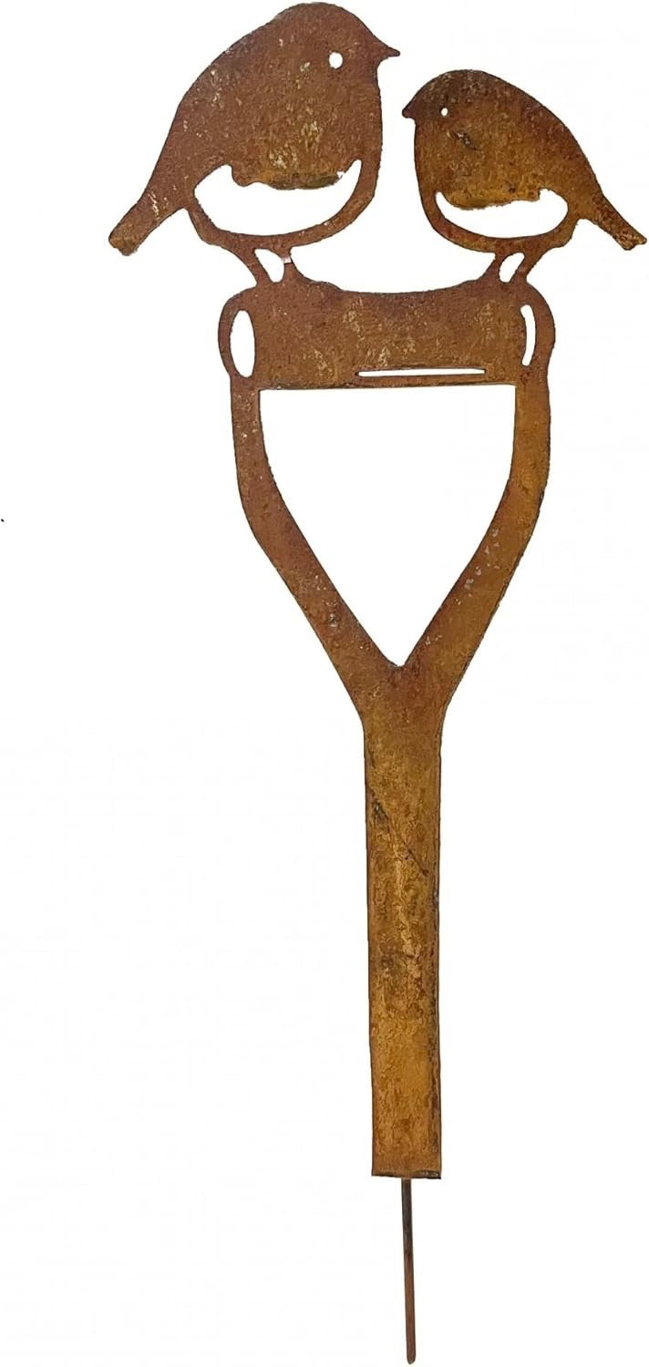 Core-Ten Rusty Metal Robins on a Spade Stake Garden Ornament 64cm Tall 20cm Wide