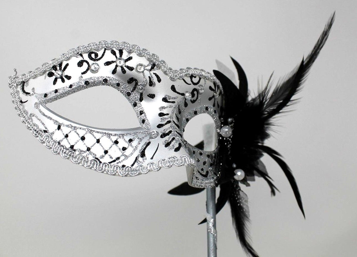 BLACK & SILVER JEWELS VENETIAN MASQUERADE PARTY PROM  MASK ON A HAND HELD STICK