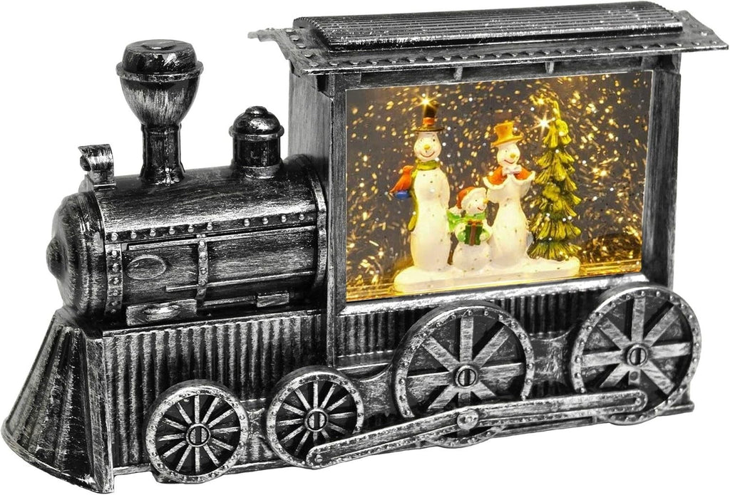 Large Water Train Rustic Silver Locomotive LED Light Up 29cm Long 3 Snowman