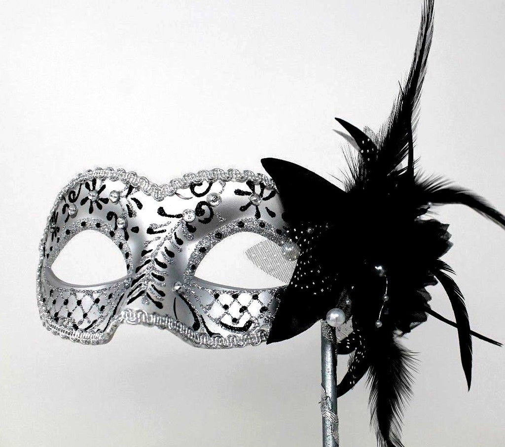 BLACK & SILVER JEWELS VENETIAN MASQUERADE PARTY PROM  MASK ON A HAND HELD STICK