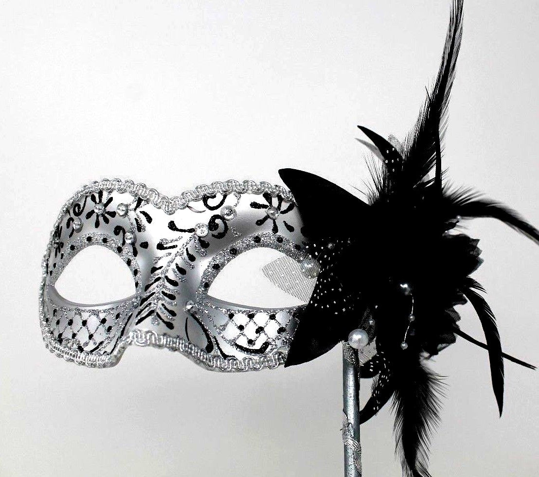 BLACK & SILVER JEWELS VENETIAN MASQUERADE PARTY PROM  MASK ON A HAND HELD STICK