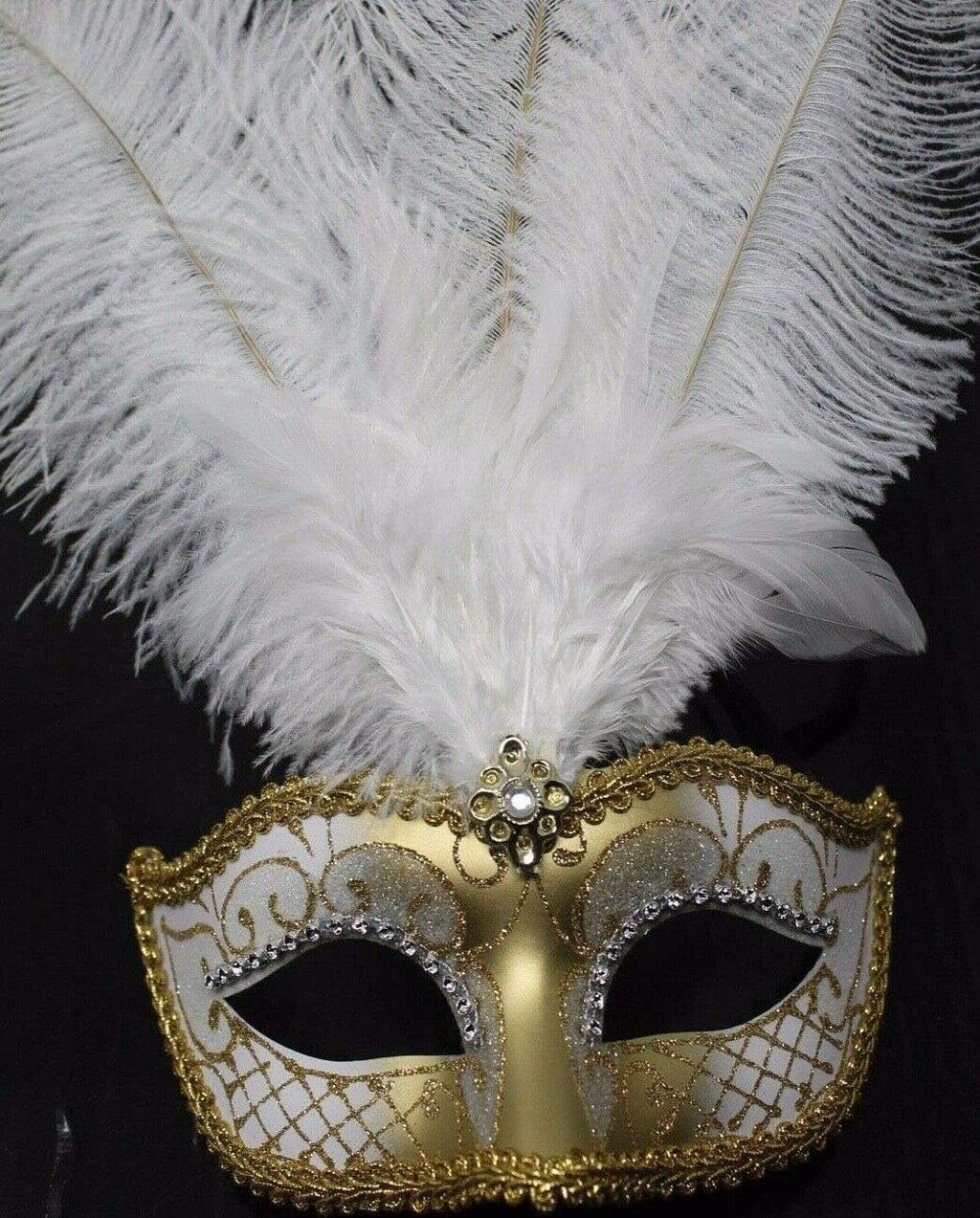 LADIES WHITE & GOLD VENETIAN MASQUERADE PARTY CARNIVAL BALL EYE FEATHER MASK