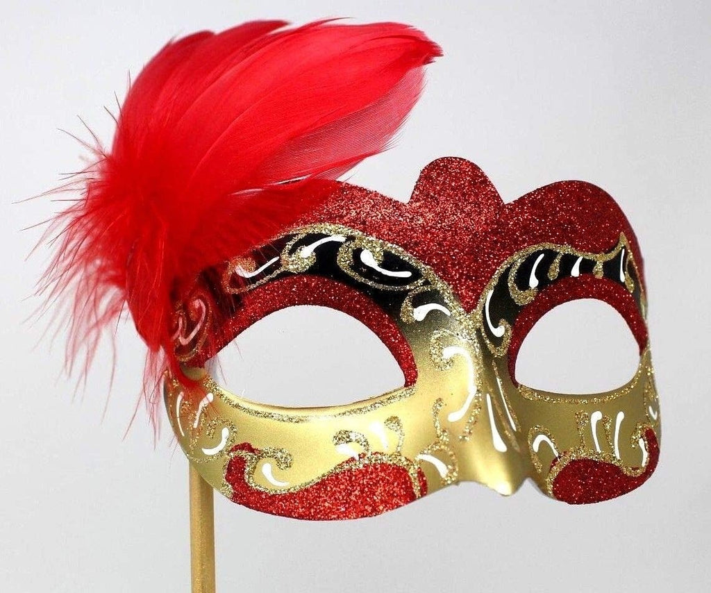 RED WHITE & GOLD FEATHER VENETIAN MASQUERADE PARTY BALL EYE MASK HAND HELD STICK