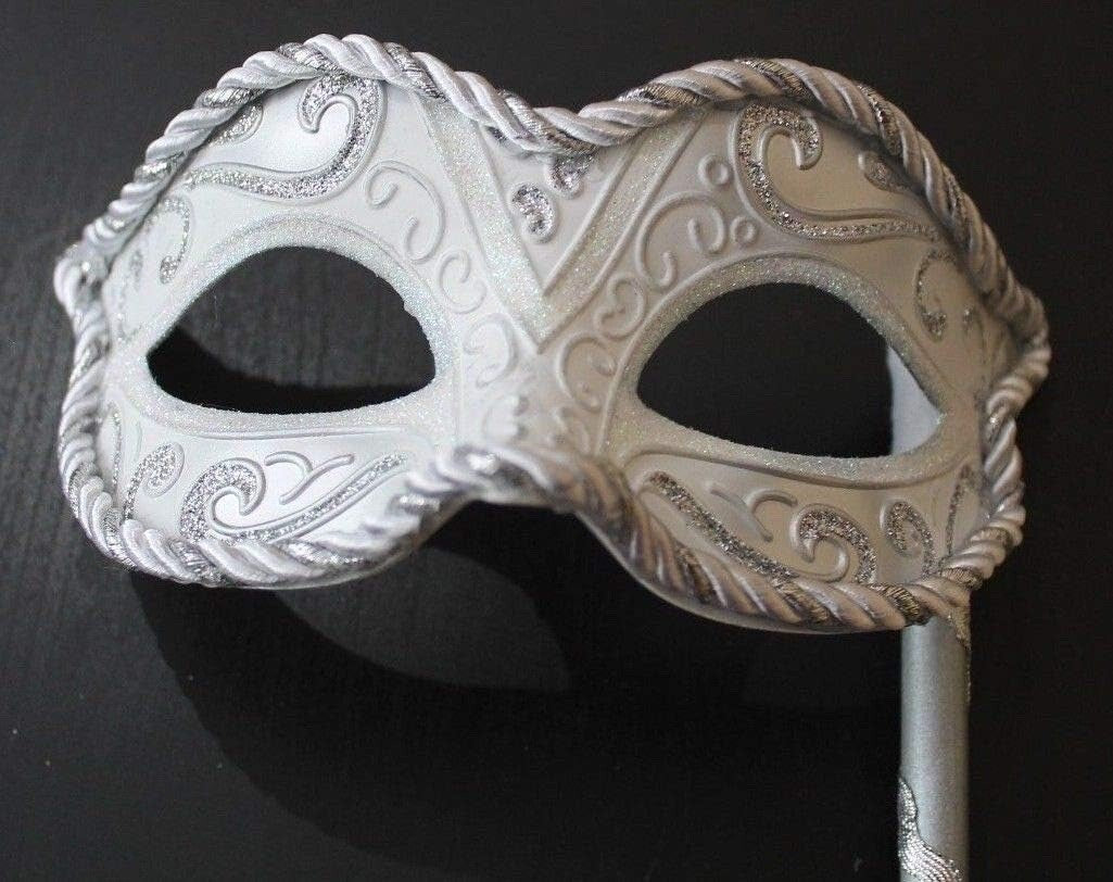 SILVER WHITE BRAIDED VENETIAN CARNIVAL MASQUERADE PARTY EYE BALL MASK ON A STICK