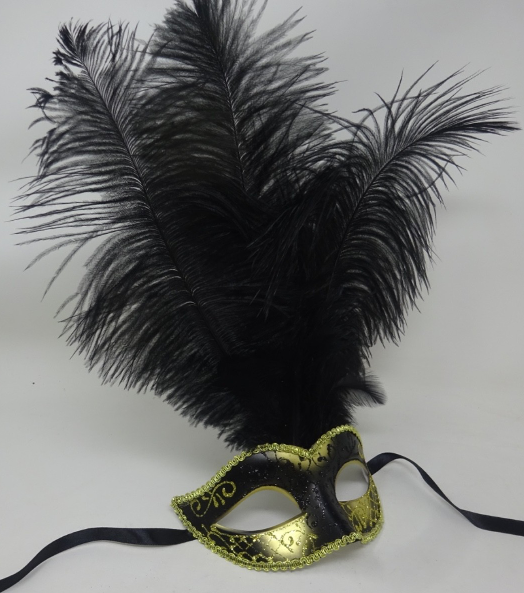 Black & Gold Long Feather Venetian Masquerade Carnival Party Ball Prom Eye Mask