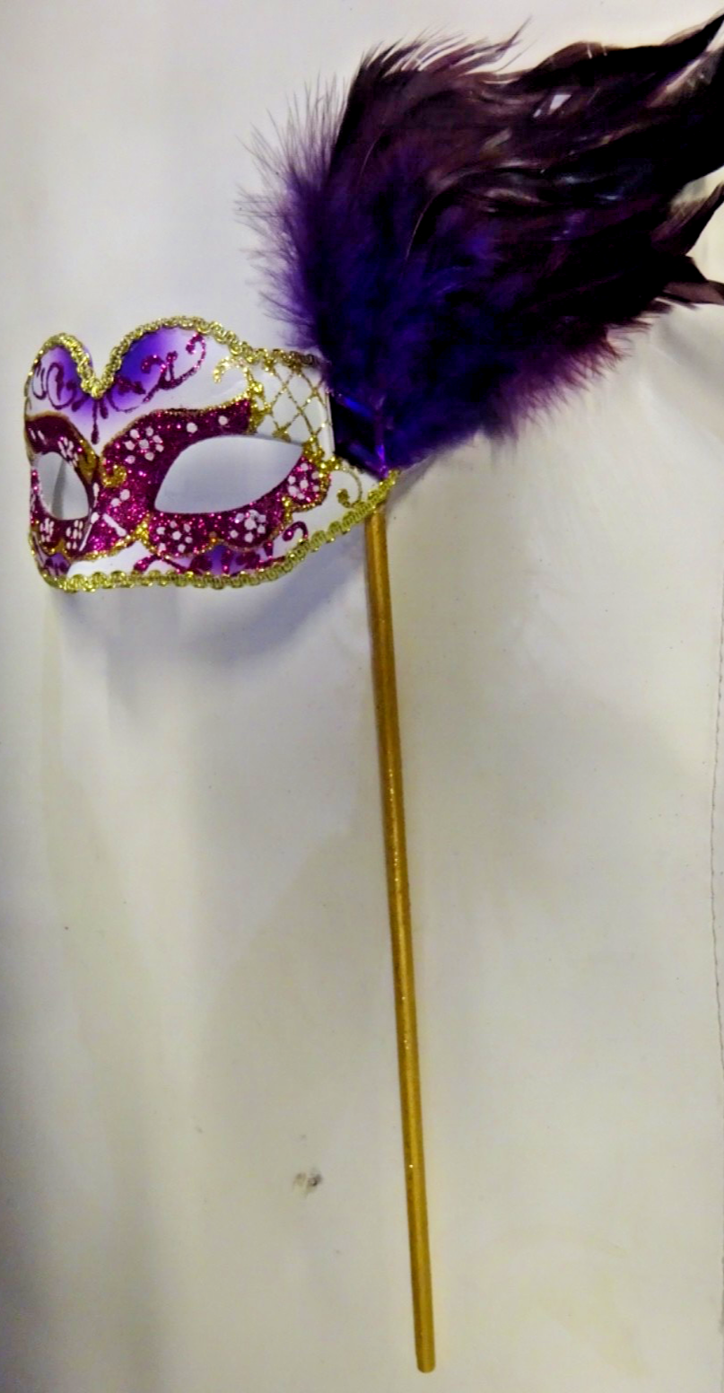 PURPLE WHITE & GOLD MASK FEATHERS VENETIAN MASQUERADE BALL HAND HELD ON STICK